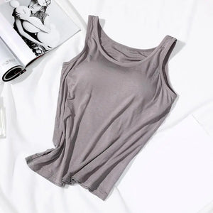 Casual Solid Color Bottoming Vest O-Neck Sleeveless Tops Wire-Free Women Elastic Camisole with Bra Pads Simple Fitness T-shirt