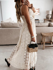 Bohemian Lace Long Summer Dress Solid Color Deep V-Neck Sleeveless Beachwear High Waist A-Line Wild Sling Dress