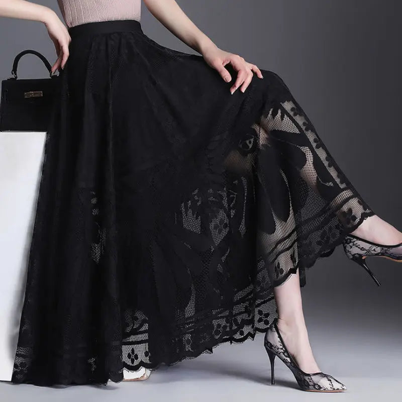 Chic Lace Midi Skirt New Fashion A-Line Long Skirt Big Swing Hollow Out Pleated Gauze Skirt