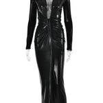 Deep V-Neck Long Sleeve Bodycon Maxi Dress For Women Autumn Winter New Ruched Shiny Sexy Chic Dress