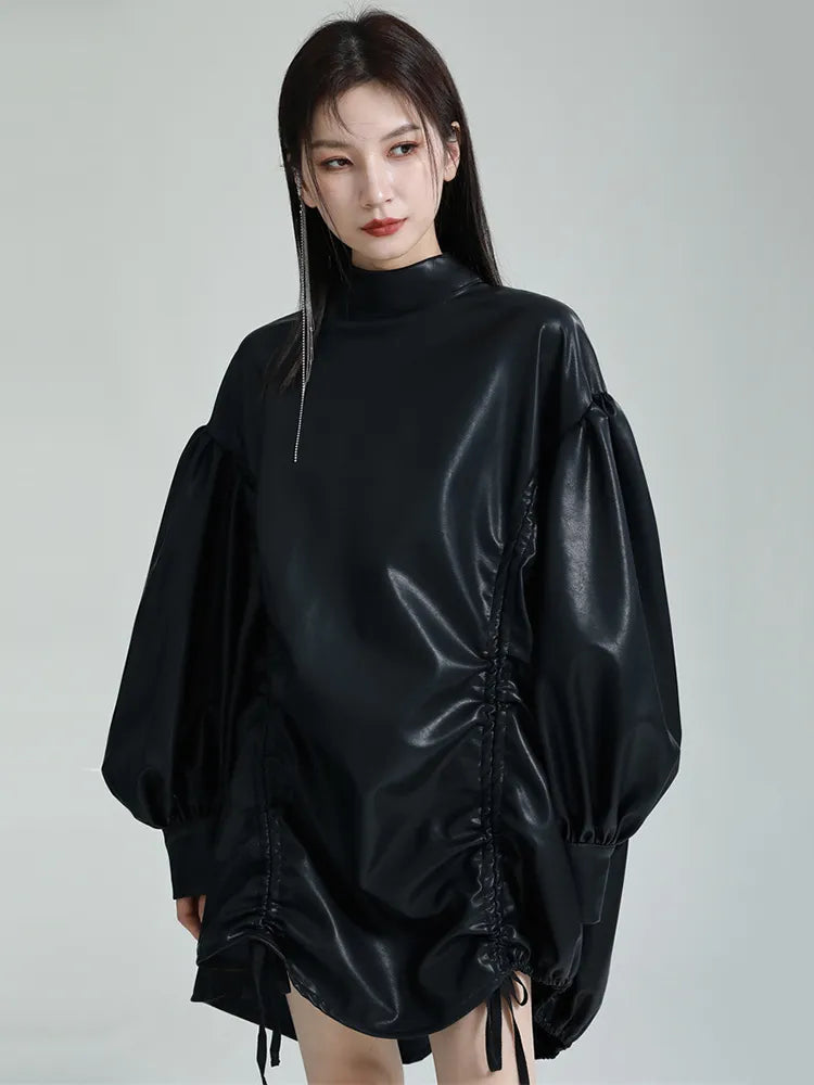 Women's PU Leather Drawstring Big Size TOP Shirt/Jacket Draw String Turtleneck Long Sleeve Boutique Fashion Shirt
