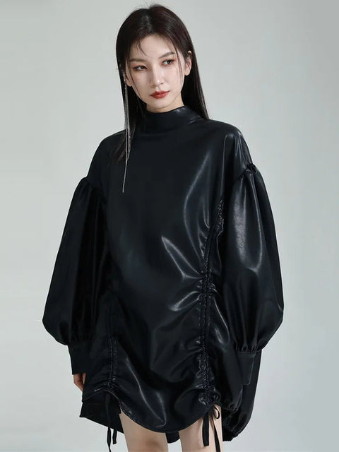 Jacket Top Women PU Leather Drawstring Turtleneck Long Sleeve Oversized Chic Fashion Shirt Coat