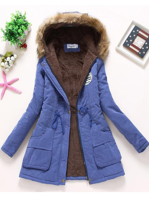 Military Style Coat Women Cotton Wadded Hooded Fur Warm Winter Casual Outerwear Fashion