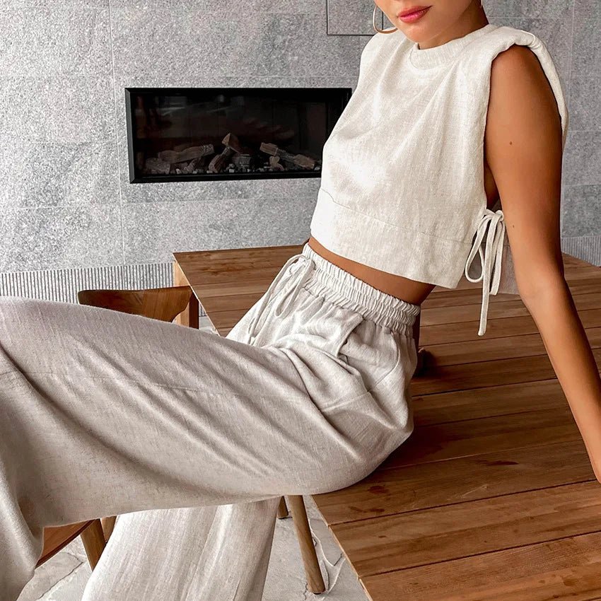 Beige Linen Two Piece Set Women Crop Top Wide Leg Pants High Waist Casual Beach Vacation Summer