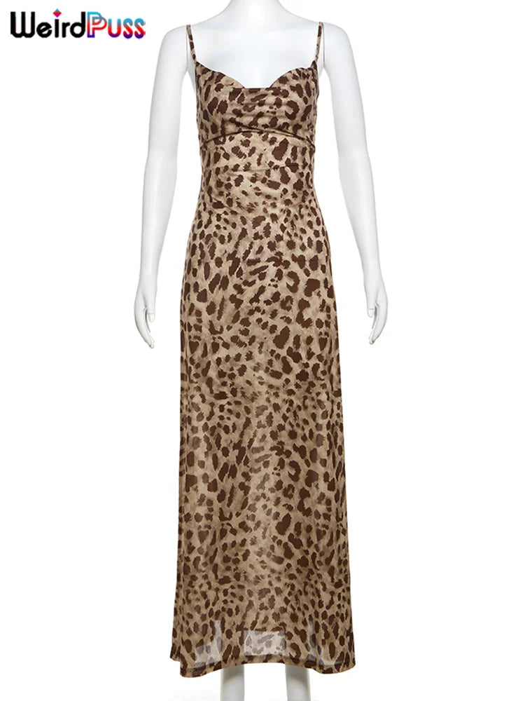 Leopard Print Satin Slip Dress – Sleeveless Cowl Neck Maxi Dress Spaghetti Strap Backless Ruffles Party Gown