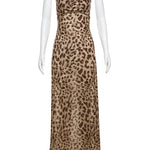 Leopard Print Satin Slip Dress – Sleeveless Cowl Neck Maxi Dress Spaghetti Strap Backless Ruffles Party Gown