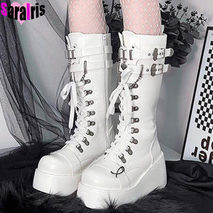 Gothic Mid Calf High Platform Boots for Women High Heel PU Faux Leather Wedge Boots