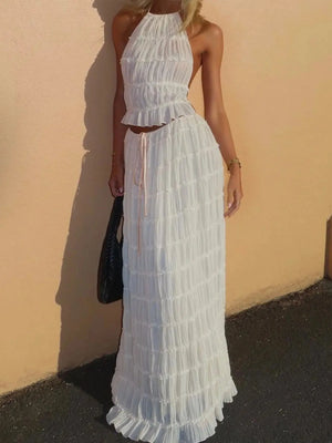 Elegant 2 Piece Set White Halter Pleated Maxi Dress with Tiered Layers and Adjustable Waist Belt & Backless Sling Top Long Skirt Suit