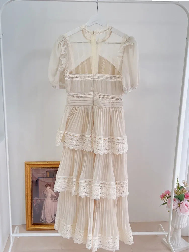 Vintage Fashion Women's Summer Dress Ladies Puff Short Sleeve O-Neck Beige Elegant Party Dress Lace Long Coattail Dress