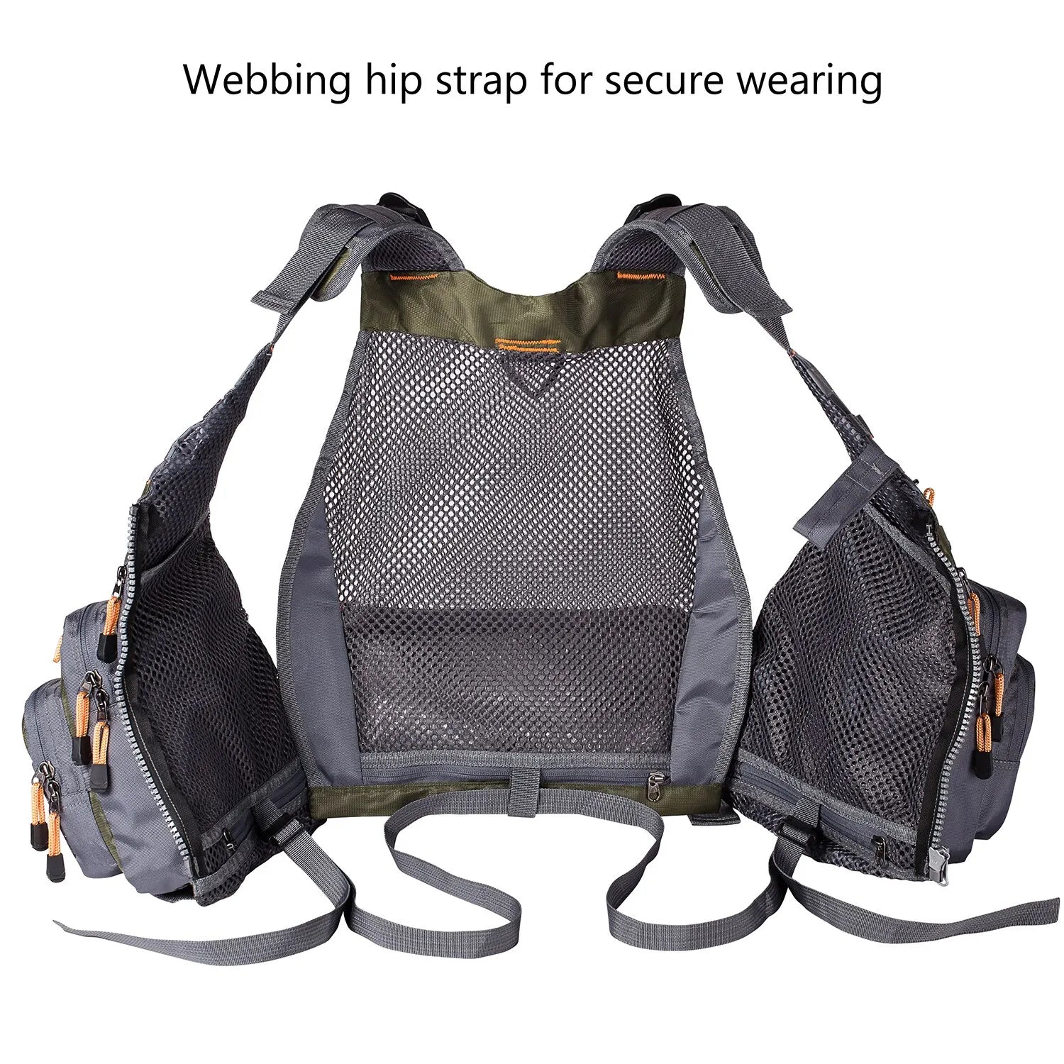 Gray hunting vest with webbing hip strap on a white background