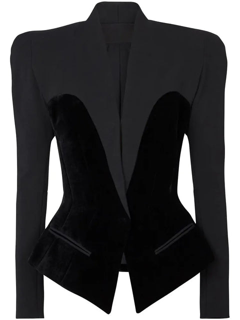 Blazer Women Chic Slim Fit Patchwork Velvet Designer Inspired Elegant Office Fashion Jacket