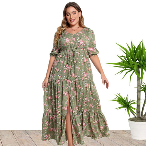 Plus Size Boho Maxi Dress Women Floral Print Loose Half Sleeve Split Hem Casual Summer Fashion
