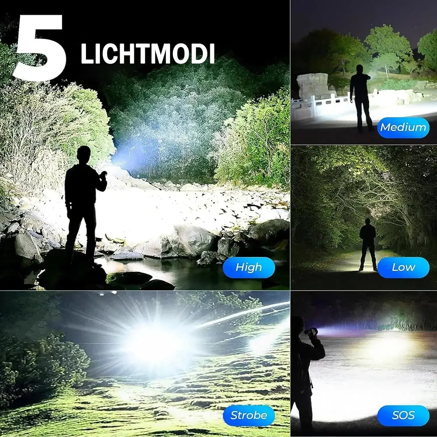 Demonstration of a flashlight's five light modes in various outdoor settings.