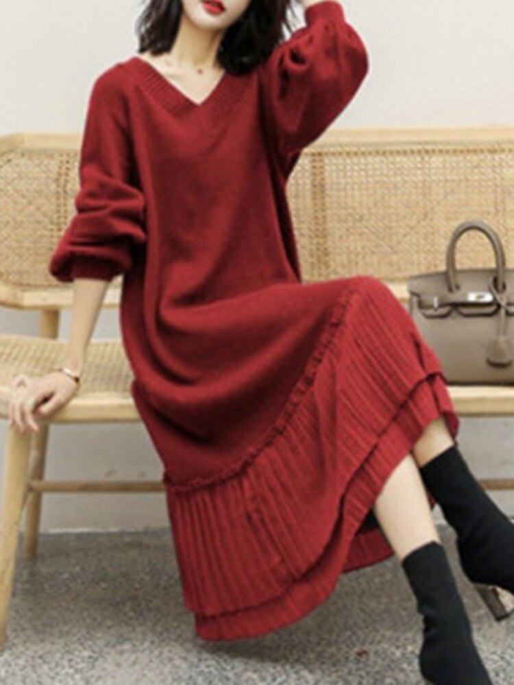 Elegant Women's Loose Sweater Dress Loose Long Fit Knitted Dress