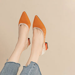 Real Comfortable Knitted Flats Block Heels Pointed Toe Pumps, Square Women Heels, Breathable Comfy Everyday Office Pumps