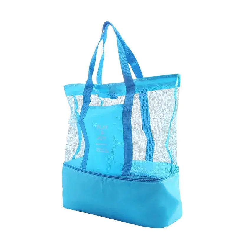 Large Mesh Beach Travel Tote Bag with Insulated Cooler Compartment Insulated Double Layer Picnic Ice Bag