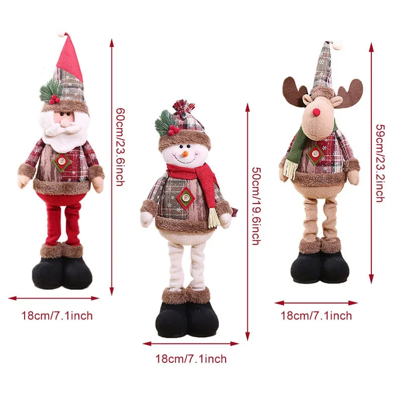 Three Christmas-themed figurines with dimensions indicated on a white background