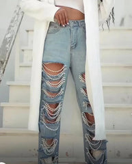 Women's Straight Distressed Jeans  Holes Pearls Diamond Rhinestones Solid High Waist Cotton High Street Denim Pants