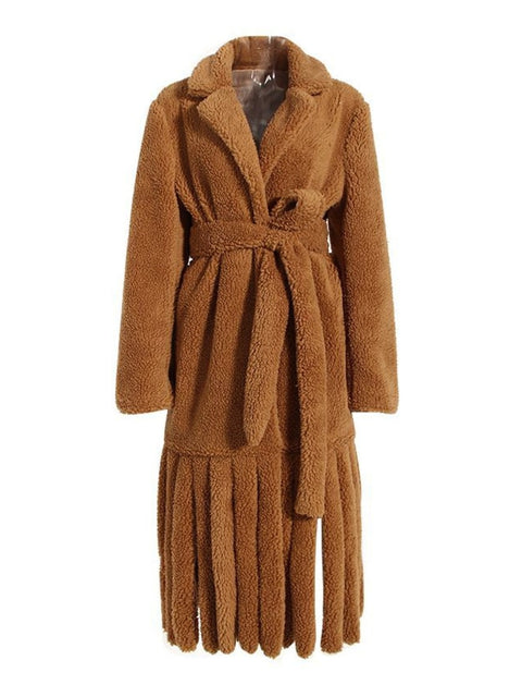 Lamb Wool Plush Coat Women Loose Lace-Up Warm Elegant Winter Casual Outerwear Fashion
