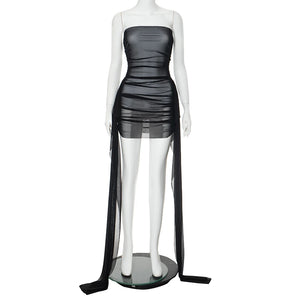 New Fashion Mesh Ribbon Women's Dress Strapless Folds See Through Wrap Hip Sexy Sheath Short Dress Club Partywear