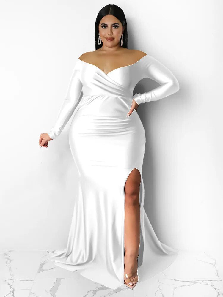 Plus Size Party Dresses for Women Off Shoulder V Neck Split Hem Elegant Wedding Party Prom Dress