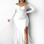 Plus Size Party Dresses for Women Off Shoulder V Neck Split Hem Elegant Wedding Party Prom Dress