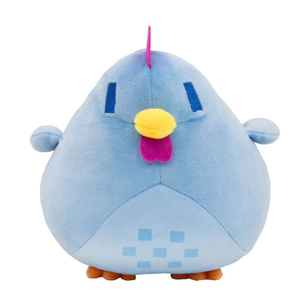 Blue plush toy with colorful accents on a white background