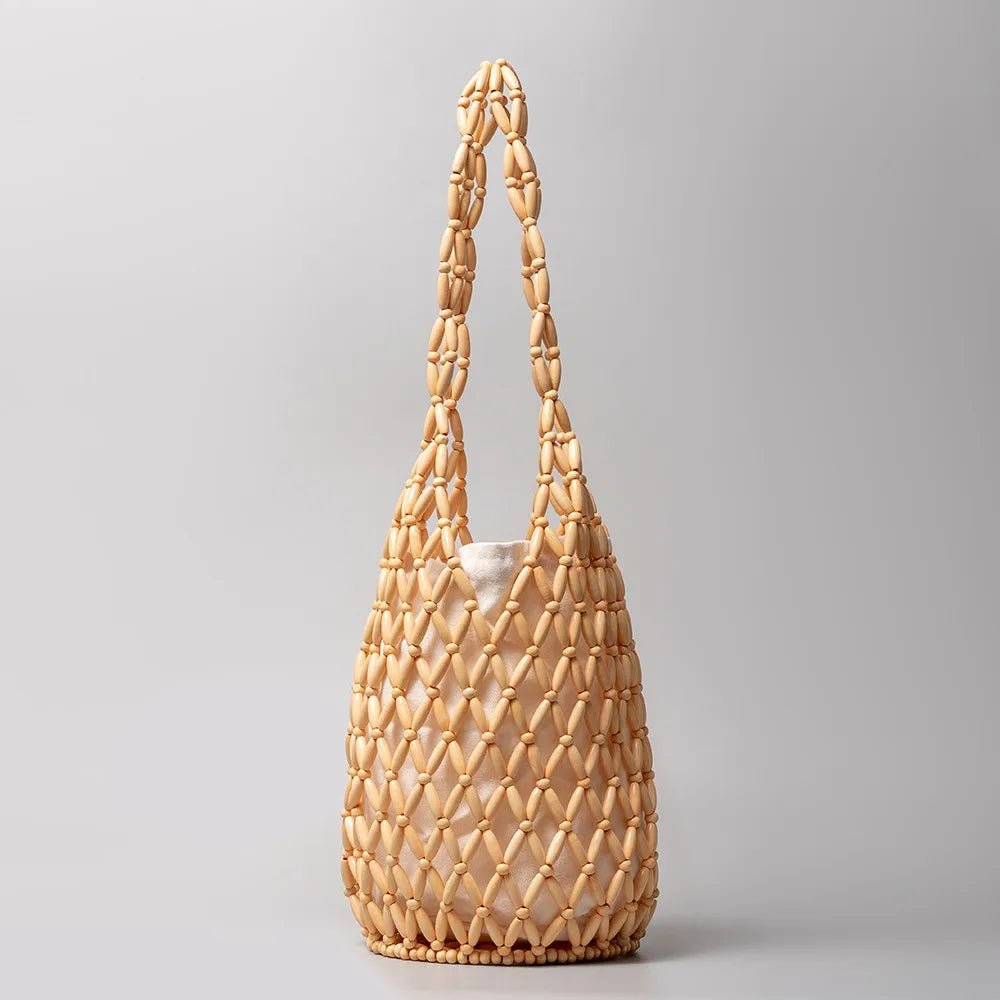 Woven Straw Bag Wooden Beads Shoulder Tote Beach Summer Bucket Handbag Boho Vacation Basket