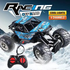 Off-road remote control car with racing design and cool lights feature on a snowy background - blue