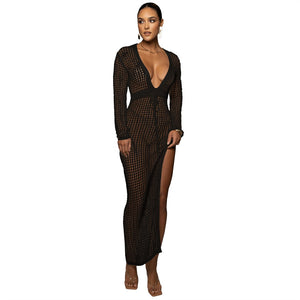 Sexy Knitted V-Neck Sleeves Crochet Dress  Hollow Out Crocheted Beach Cover Ups