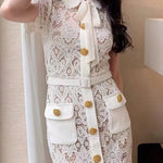 Elegant Vintage Solid Lace Hollow Out Dress For Women Summer Short Sleeve Gold Button Dress