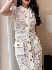 New Boutique Designer Fashion Summer Dress For Women Vintage Elegant Sexy Lace Hollow Out Single Breasted Party Cocktail Long Dress