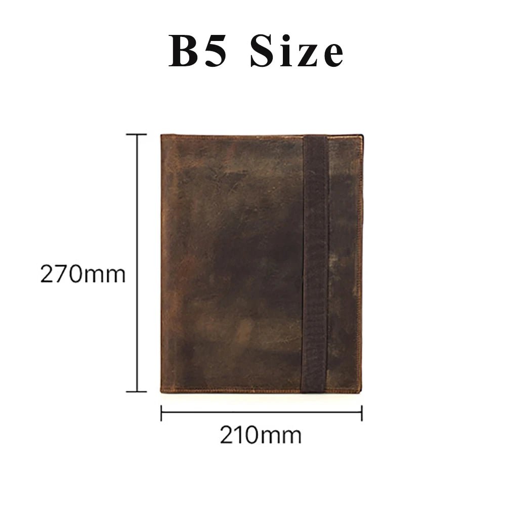 Brown leather notebook with dimensions labeled on a white background