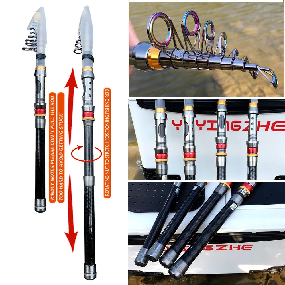 Collage of telescopic fishing rods with labeled sections and branding.