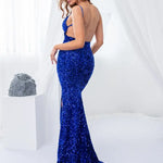 Women's V-Neck Backless Stretch Sequined Mermaid Glamorous Maxi Dress with Split Sleeveless Open Back Floor Length Evening Wedding Party Prom Dress