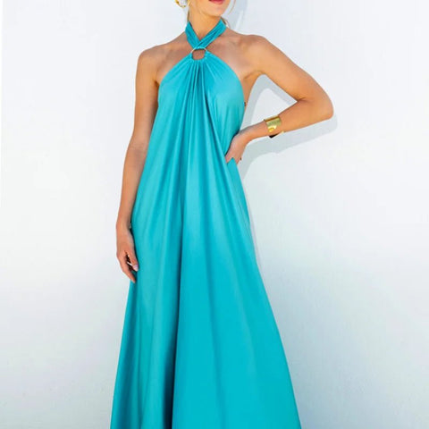 Maxi Dress Women Solid Blue A-Line Long Boutique Fashion Elegant Evening Party Spring Summer Dress