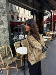 Women's Fall Fashion Shiny Sequin Jacket Y2k Gold Stand Collar Long Sleeve Short Coat Autumn Winter Office High Streetwear
