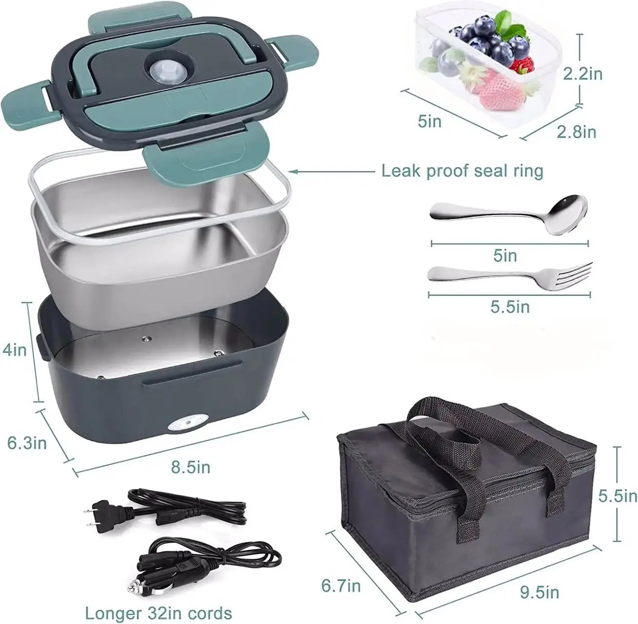 1.5 L 60W Electric Lunch Box Food Warmer Portable Food Heater for Car Or Home - Leak Proof 304 Stainless Steel Liner