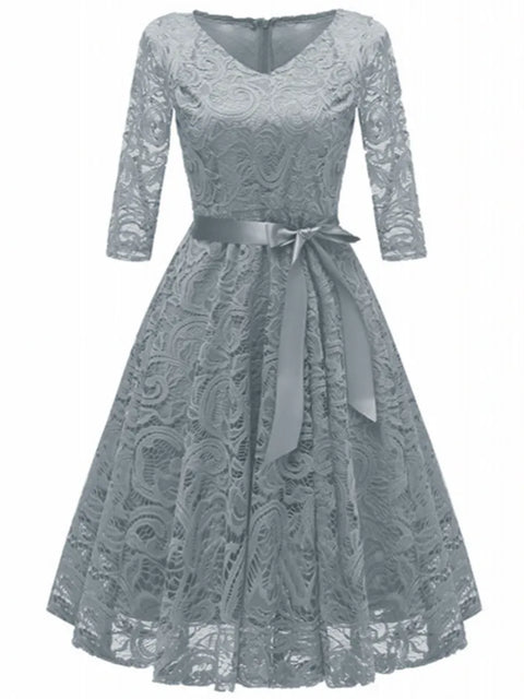 Midi Dress Women Vintage Hollow Out Floral Lace 3/4 Sleeve V-Neck Princess Wedding Party Prom Cocktail