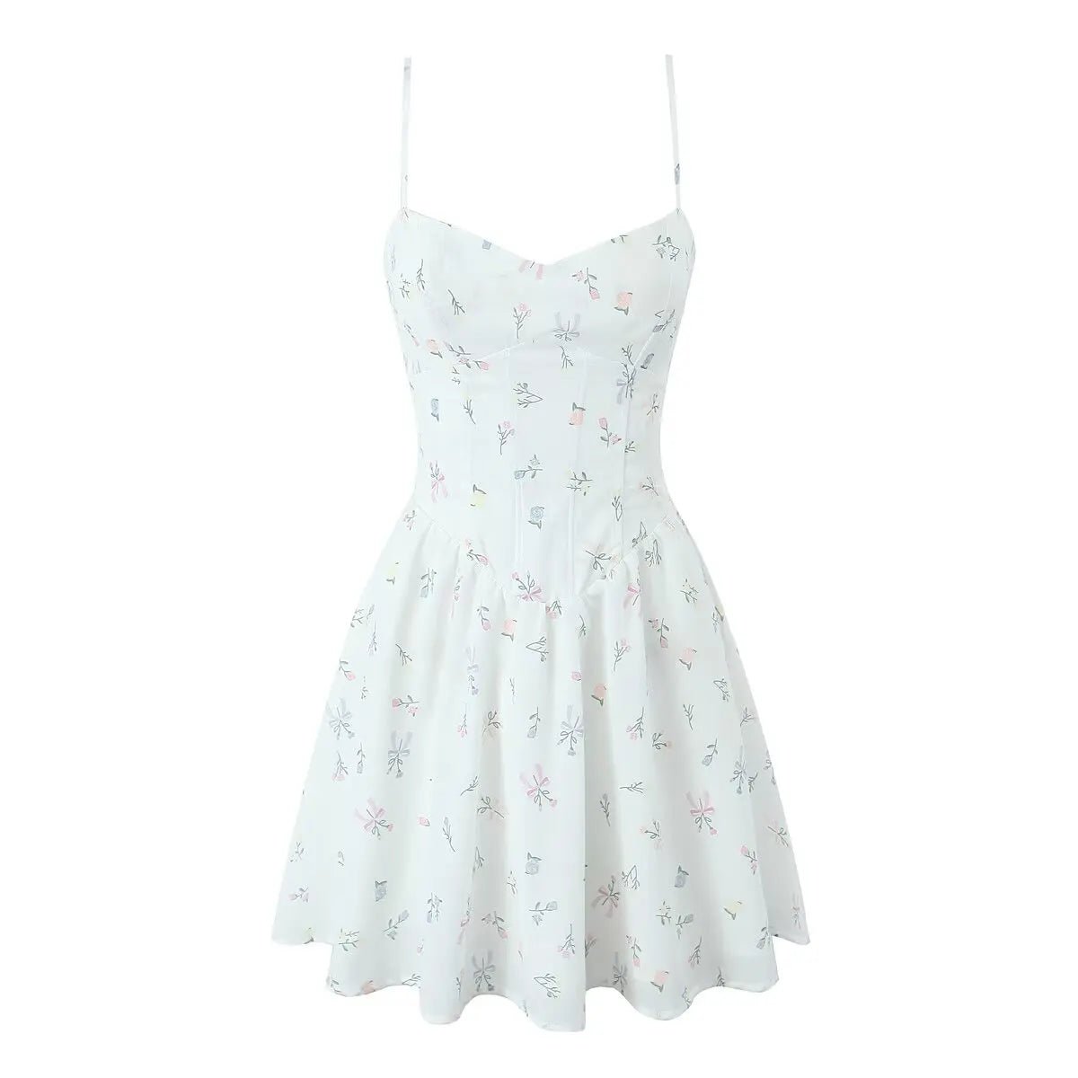 White dress with floral pattern on a white background