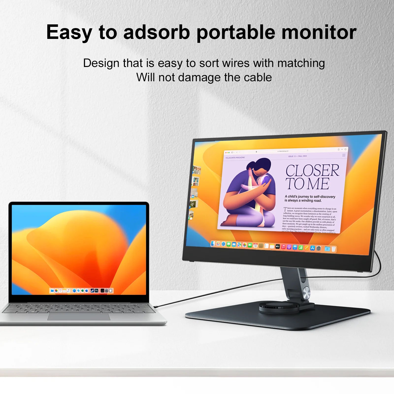 Portable monitor and laptop on a white surface with text about wire management.