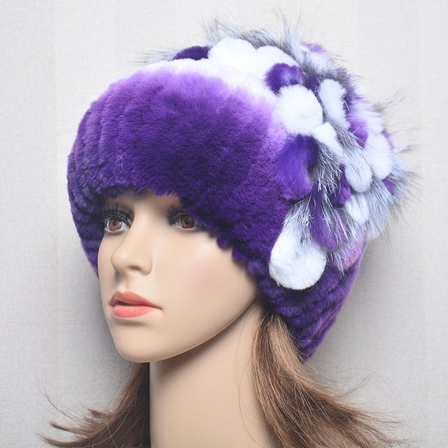 Women's Genuine Rex Rabbit Fur Hat Striped Top Flower Warm Real Fur Knit Beanie Caps