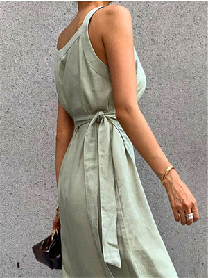 Women's Summer Long Vintage Dress Cotton Poly Blend Sash Sleeveless Dress