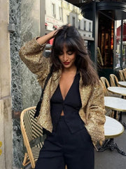Women's Fall Fashion Shiny Sequin Jacket Y2k Gold Stand Collar Long Sleeve Short Coat Autumn Winter Office High Streetwear