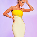 Yellow Strapless Bandage Party Dress New Fashion Double Color Rhinestones Split Bodycon Elegant Dress