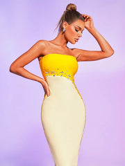 Yellow Strapless Bandage Party Dress New Fashion Double Color Rhinestones Split Bodycon Elegant Dress