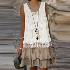 Women's Vintage Summer Dress Casual Sleeveless Lace Embroidery Short Dress