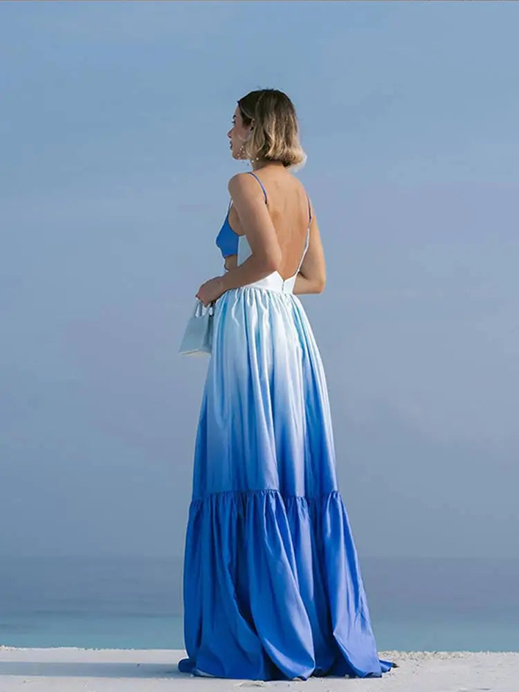 Gradient Color Hollowed Out Pleated Maxi Dress New Fashion V-Neck Sleeveless Summer Vacation Loose Dress