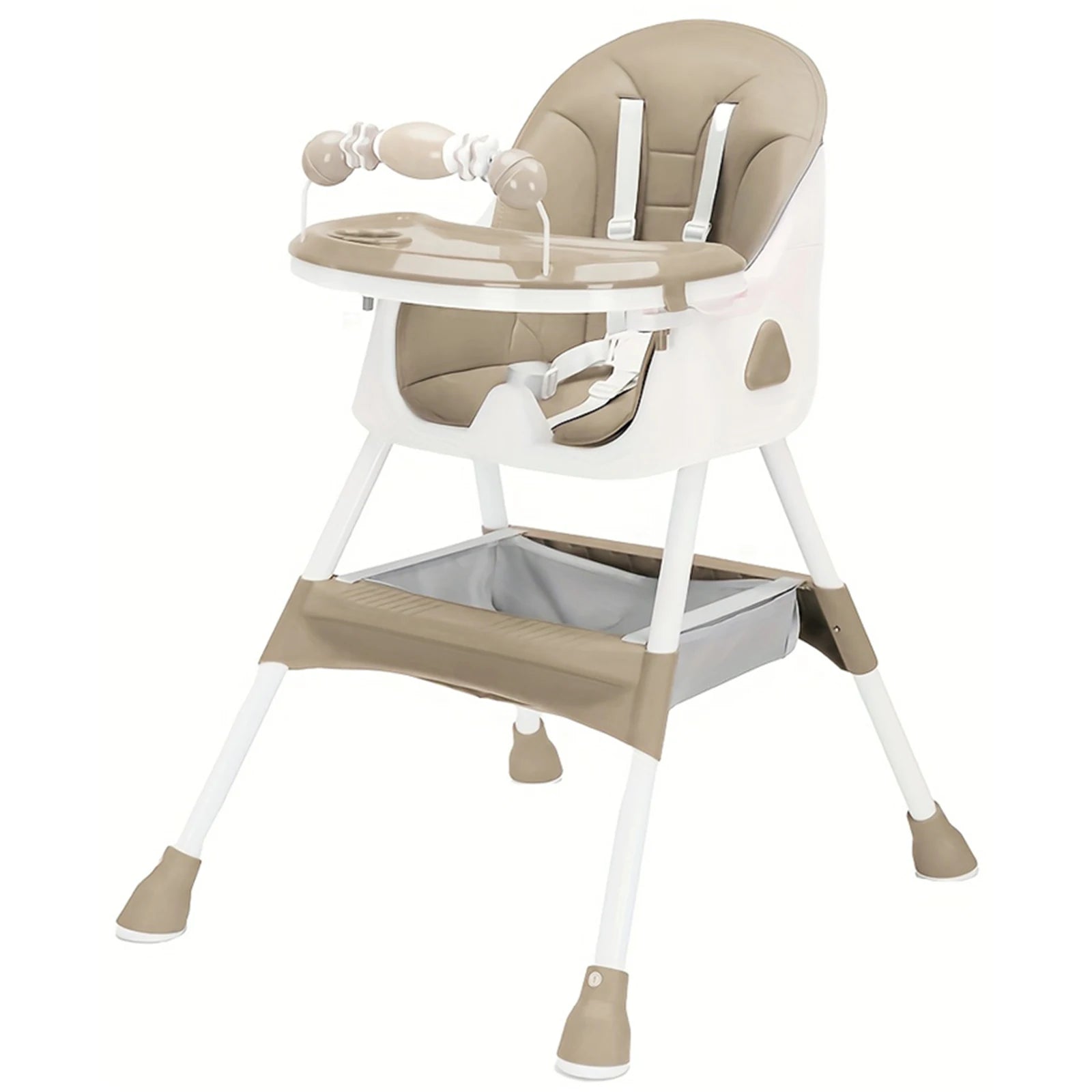 Beige and white high chair with tray on a white background