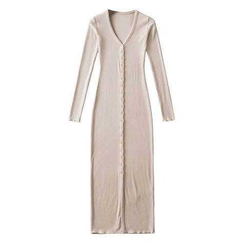 Backless V-Neck Bodycon Midi Dress Women Button Mid-Calf Elegant Party Fashion Dress